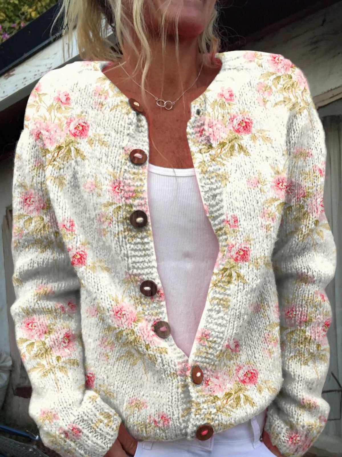 Fresh Pink Flowers and Green Leaves Print | Buttoned Cardigan Sweater