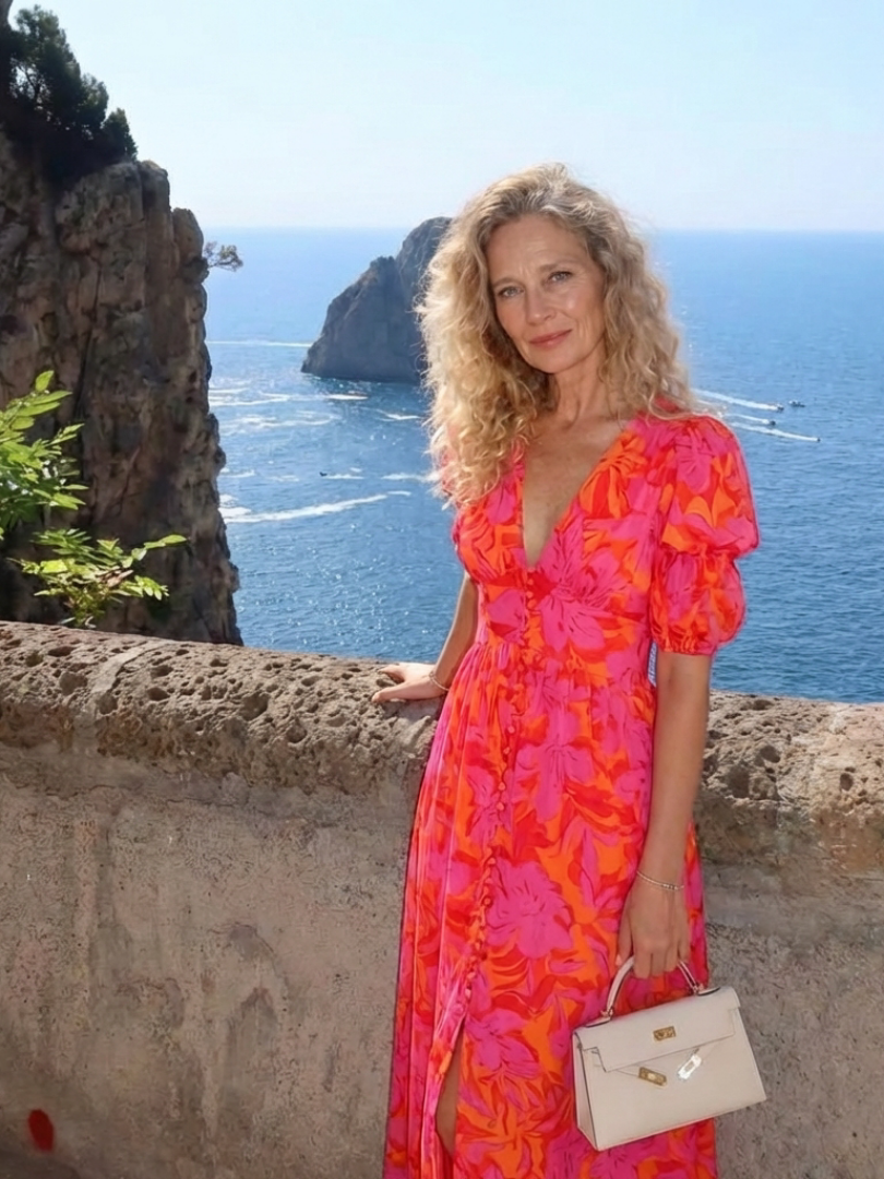 Calliope | Floral V Neck Puff Sleeve Midi Dress