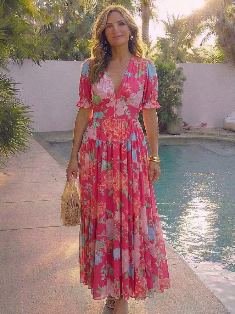 Marguerite | Short Sleeve V-Neck Gathered Waist Floral Midi Dress