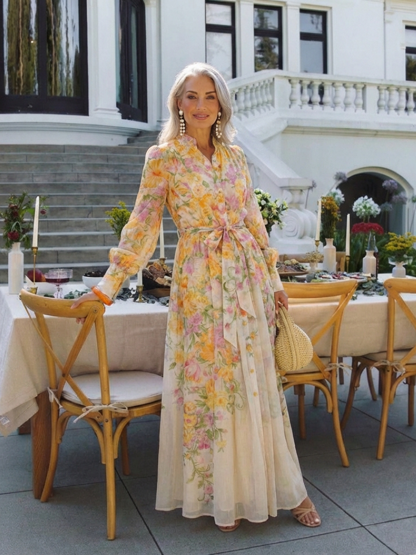 Petronella | Floral Print Sheer Long Sleeve Belted Button-Front Maxi Dress