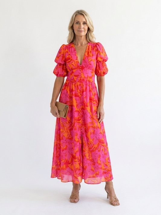 Calliope | Floral V Neck Puff Sleeve Midi Dress