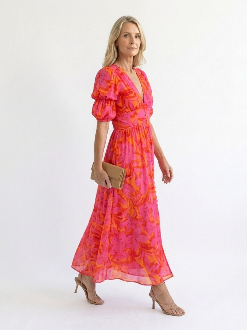Calliope | Floral V Neck Puff Sleeve Midi Dress