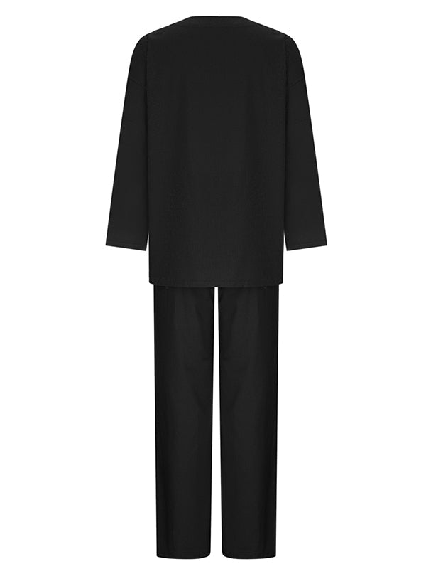 Solid Color Loose Long Sleeve Round Neck Shirt Top + Drawstring Pants Two-Piece Set