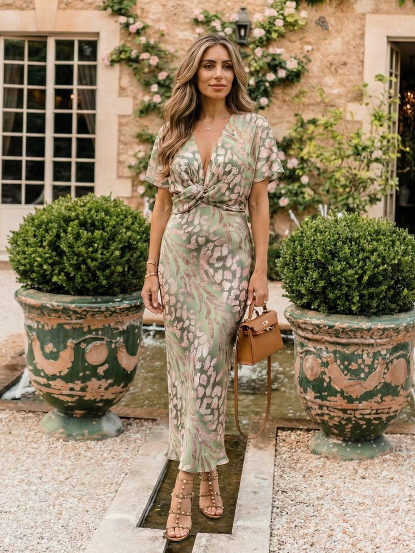 Isabella | Abstract Print V Neck Twist Waist Midi Dress
