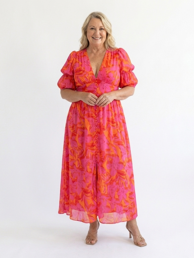 Calliope | Floral V Neck Puff Sleeve Midi Dress