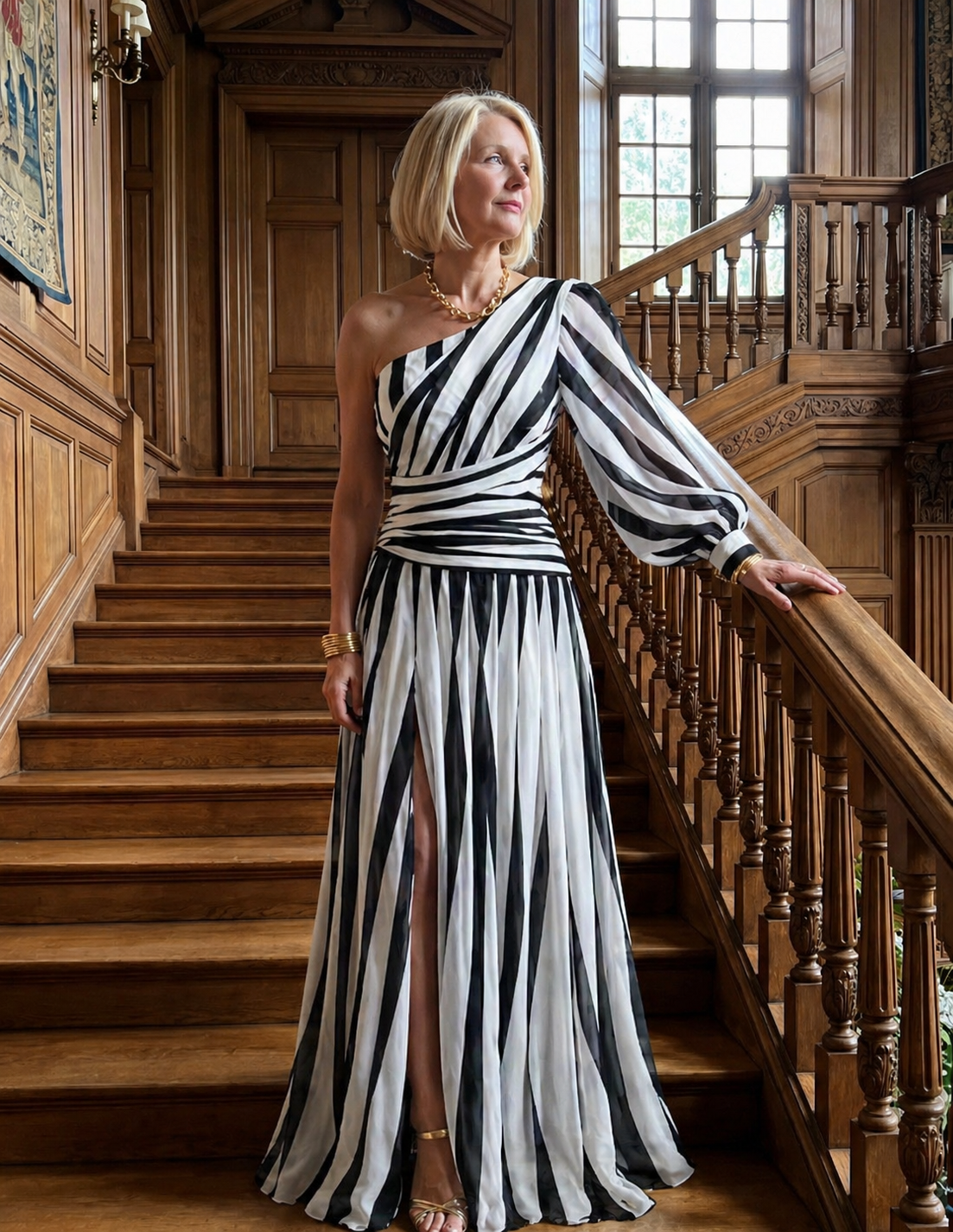 Camille | Elegant Striped Maxi Dress with One Shoulder