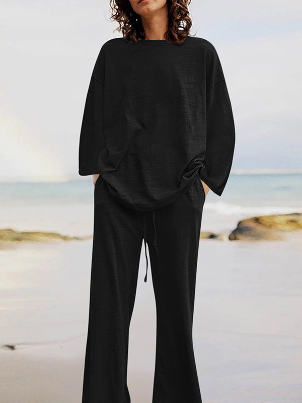 Solid Color Loose Long Sleeve Round Neck Shirt Top + Drawstring Pants Two-Piece Set
