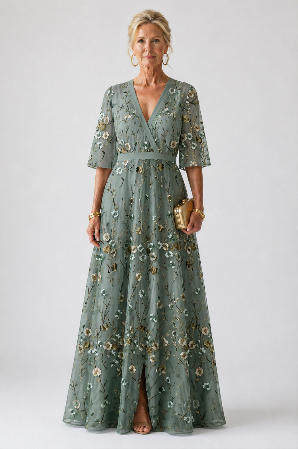 Theodora | Floral V Neck Short Sleeve Maxi Dress