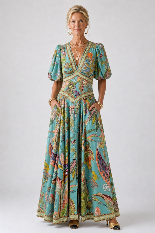 Valentina | Airy maxi dress with puff sleeves and V-neck
