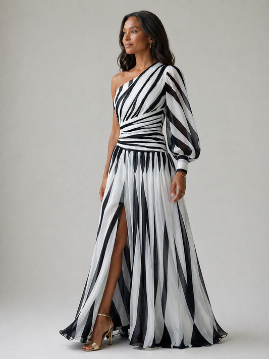 Camille | Elegant Striped Maxi Dress with One Shoulder