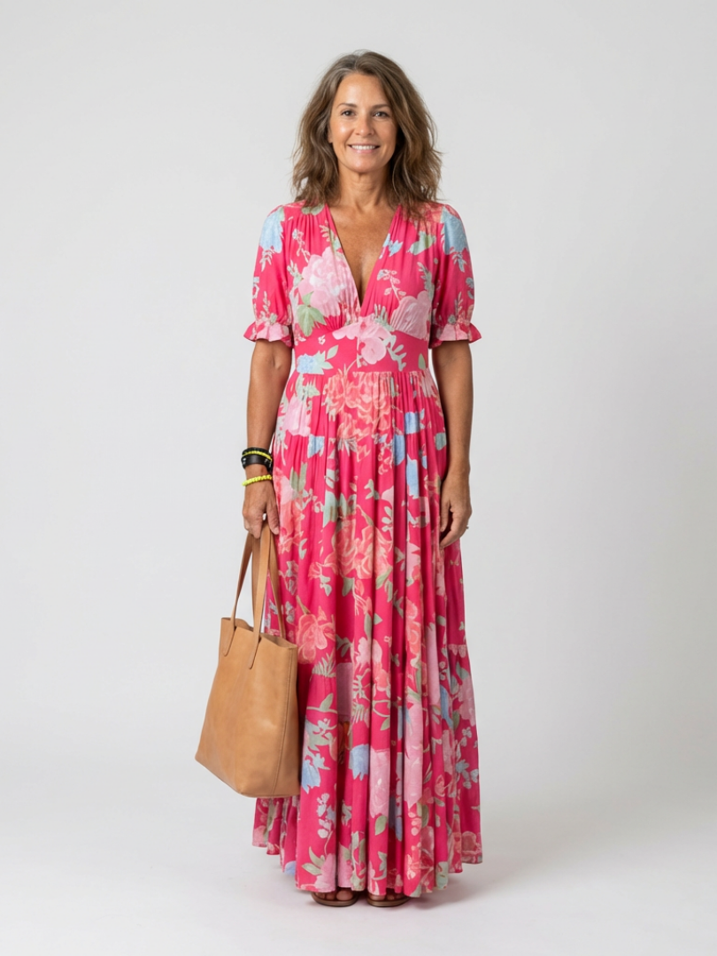 Marguerite | Short Sleeve V-Neck Gathered Waist Floral Midi Dress