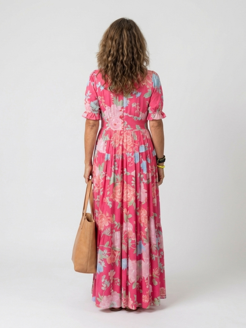 Marguerite | Short Sleeve V-Neck Gathered Waist Floral Midi Dress