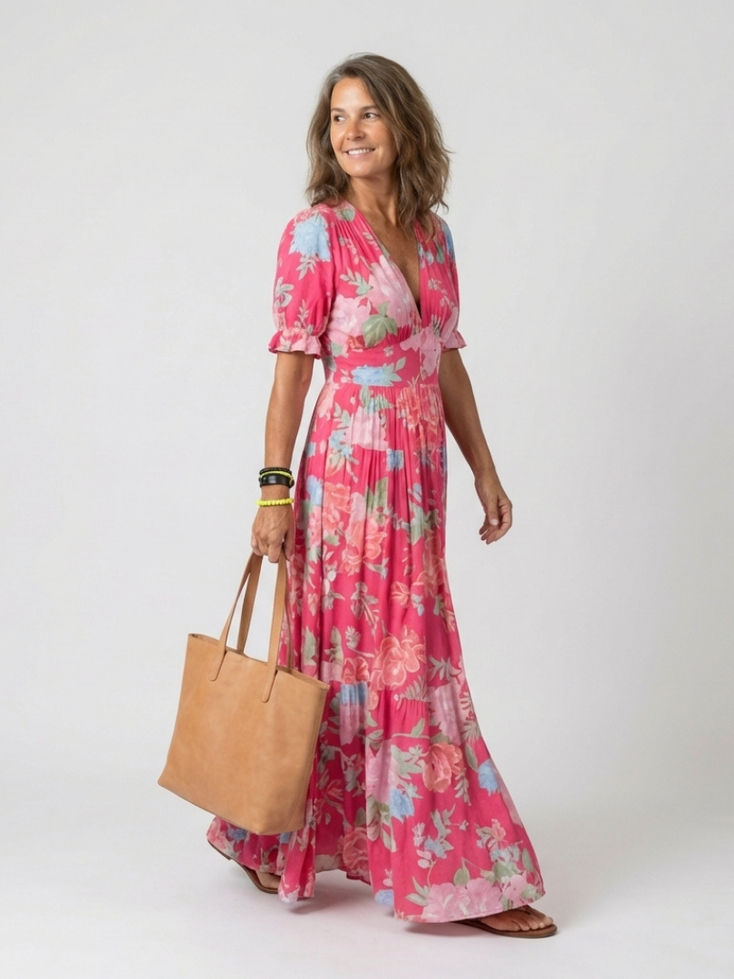 Marguerite | Short Sleeve V-Neck Gathered Waist Floral Midi Dress