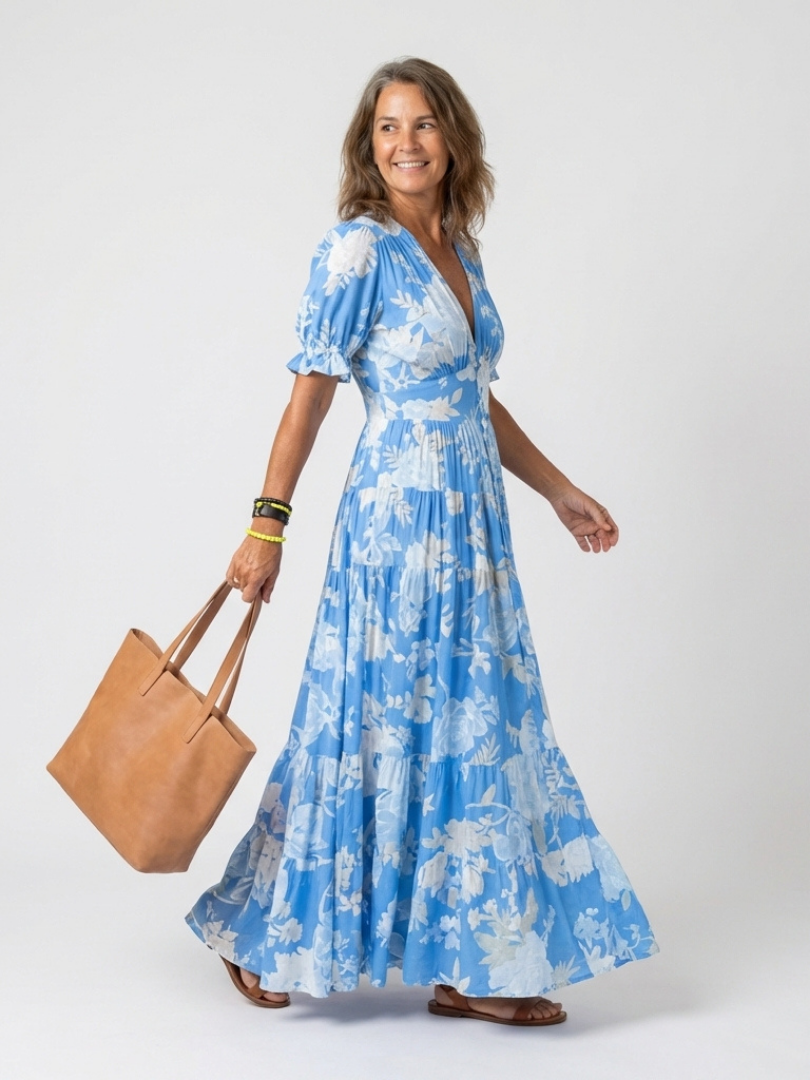 Marguerite | Short Sleeve V-Neck Gathered Waist Floral Midi Dress