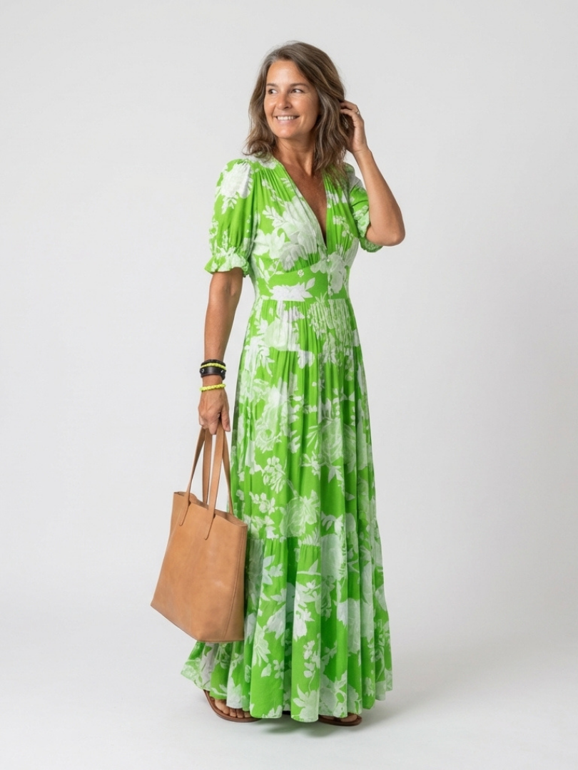 Marguerite | Short Sleeve V-Neck Gathered Waist Floral Midi Dress