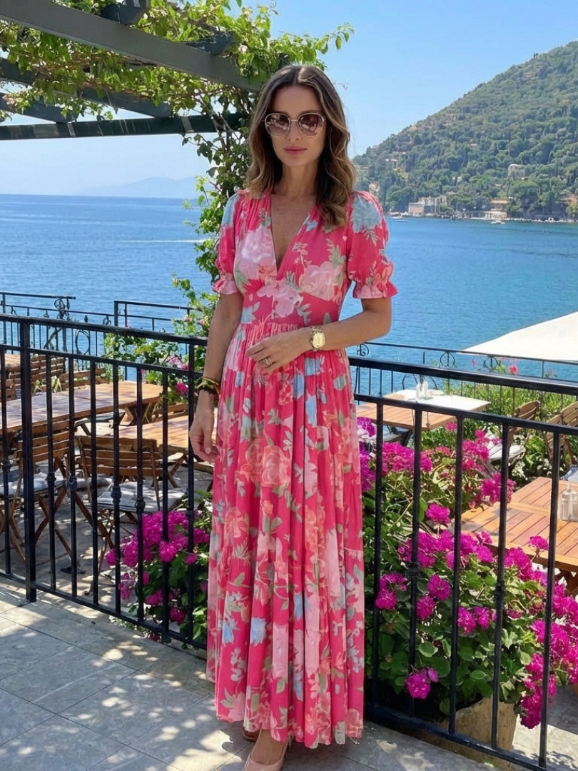 Marguerite | Short Sleeve V-Neck Gathered Waist Floral Midi Dress