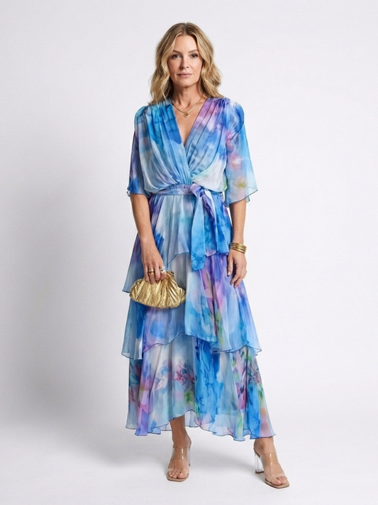 Piper | Sheer Layered V-Neck Tie Waist Short Flutter Sleeve Maxi Dress