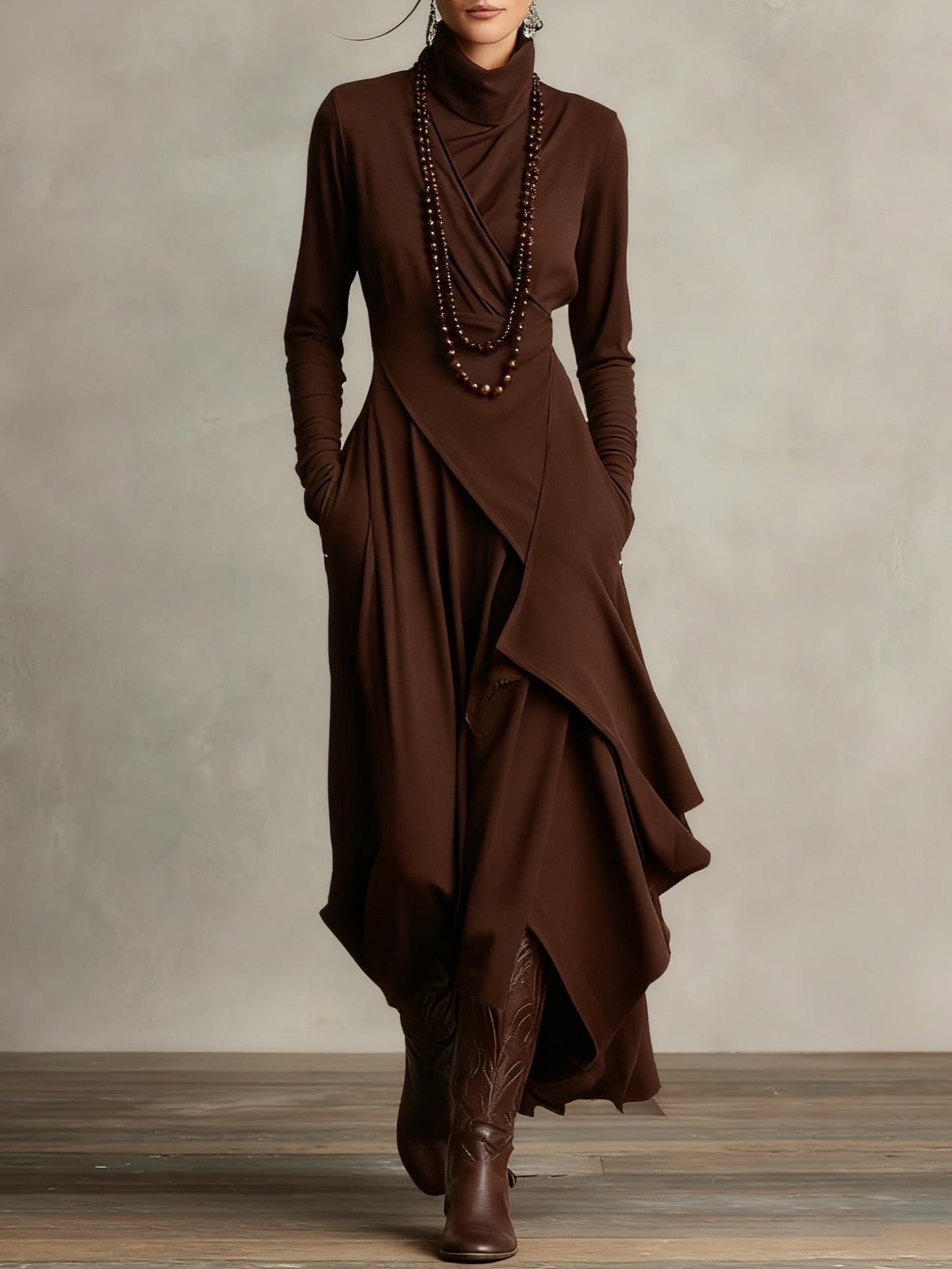 Giorgia - Asymmetrical Maxi Pleated Dress in Purple with High Neck (Necklace not included)
