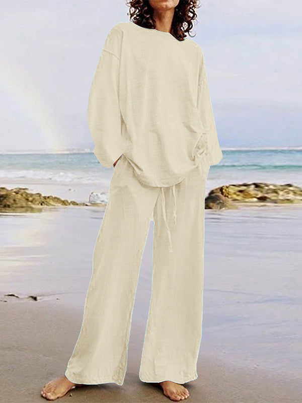 Solid Color Loose Long Sleeve Round Neck Shirt Top + Drawstring Pants Two-Piece Set