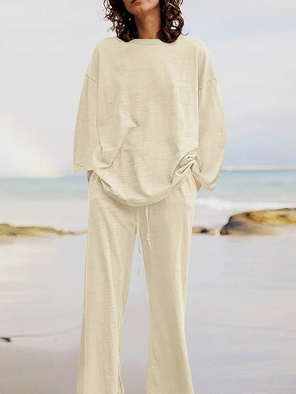 Solid Color Loose Long Sleeve Round Neck Shirt Top + Drawstring Pants Two-Piece Set