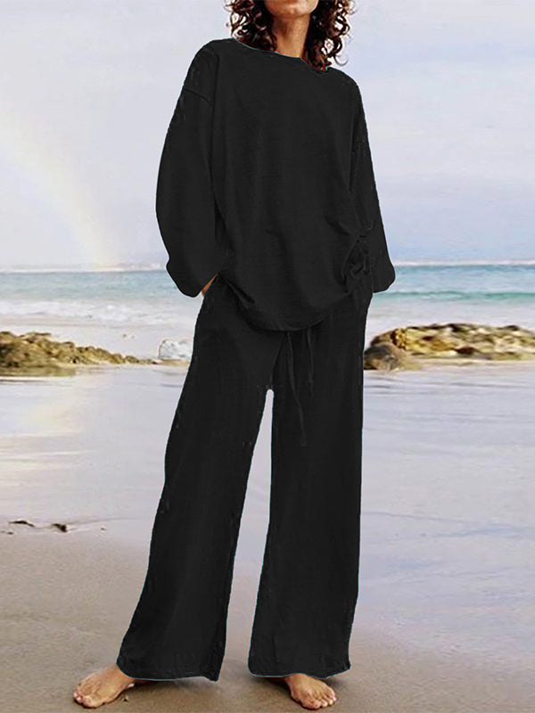 Solid Color Loose Long Sleeve Round Neck Shirt Top + Drawstring Pants Two-Piece Set