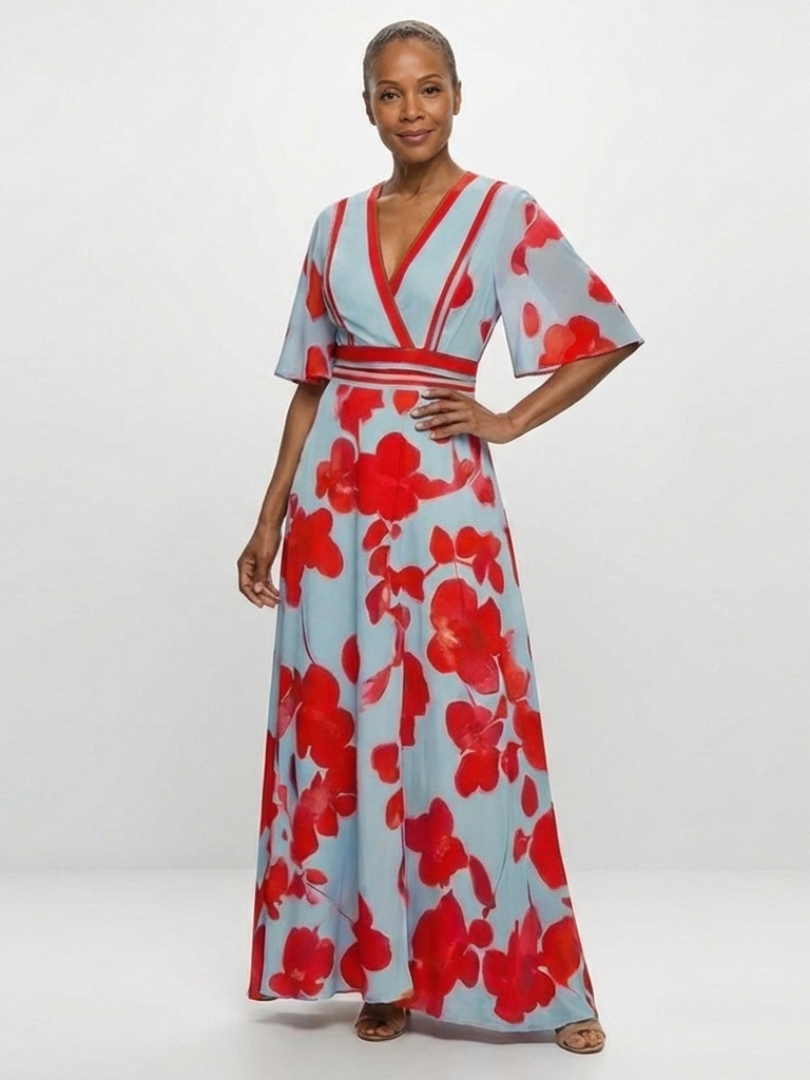 Xiomara | V Neck Short Sleeve Floral Maxi Dress