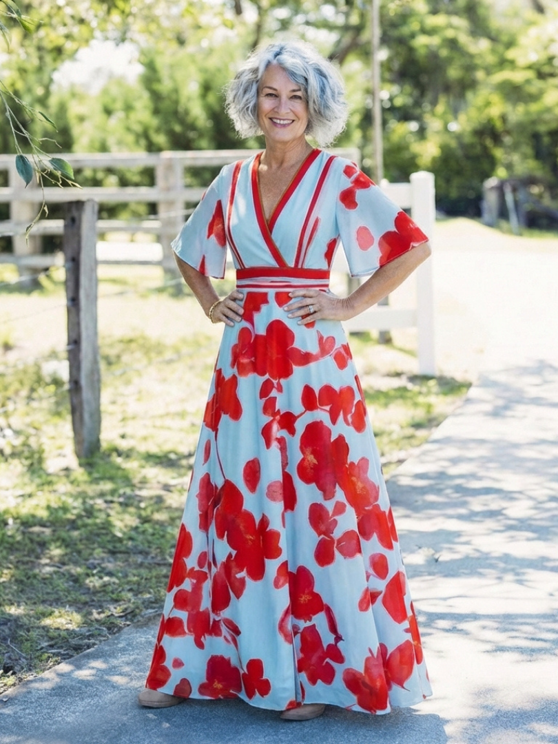 Xiomara | V Neck Short Sleeve Floral Maxi Dress