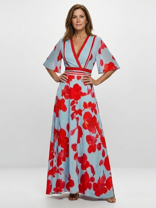 Xiomara | V Neck Short Sleeve Floral Maxi Dress