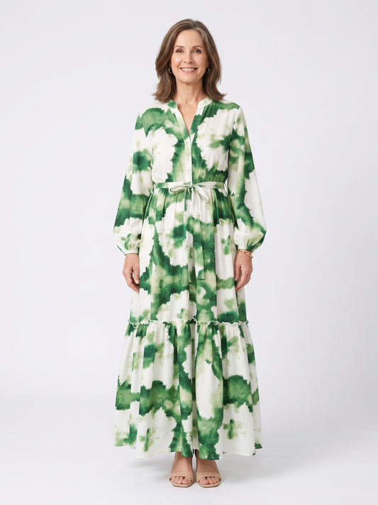 Sabine | Long Sleeve Tie Waist Tiered Maxi Dress