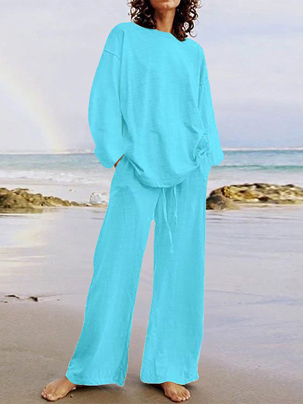 Solid Color Loose Long Sleeve Round Neck Shirt Top + Drawstring Pants Two-Piece Set