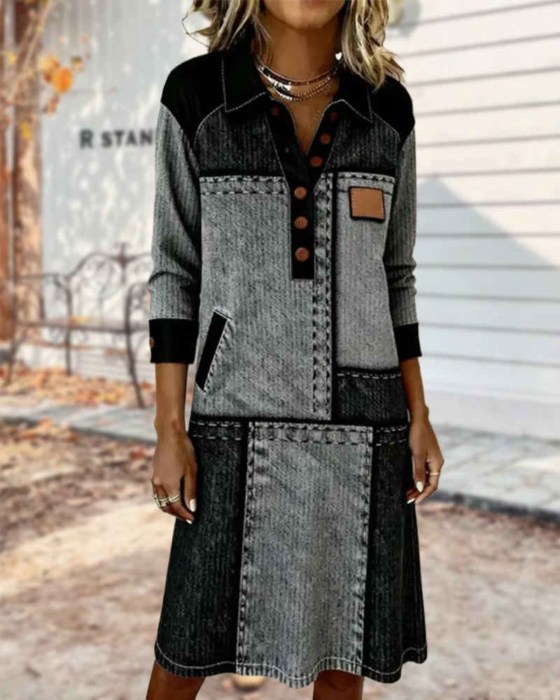 Dress Button Flip V-neck Color Block Modern