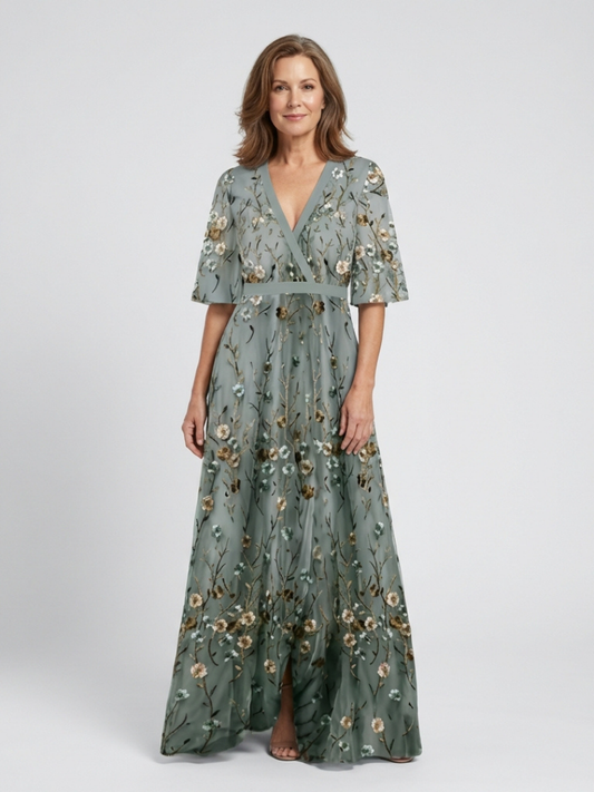 Isolde | Floral V-Neck Elbow-Length Sleeve Maxi Dress