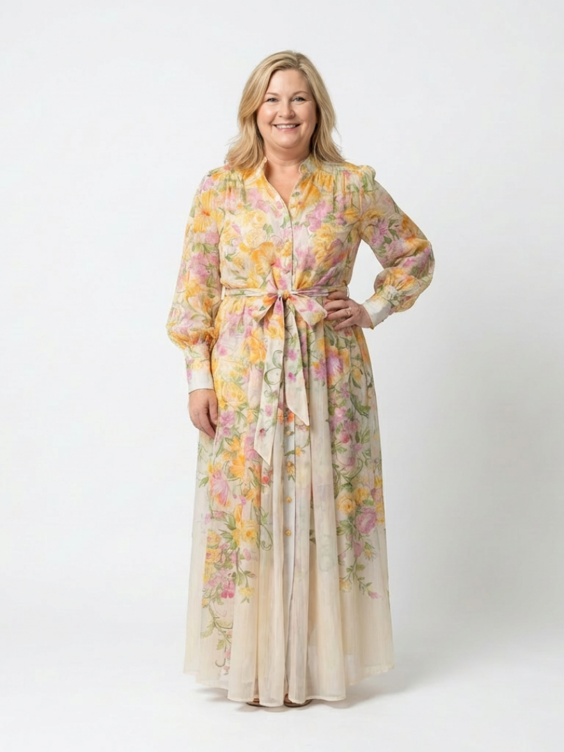 Petronella | Floral Print Sheer Long Sleeve Belted Button-Front Maxi Dress