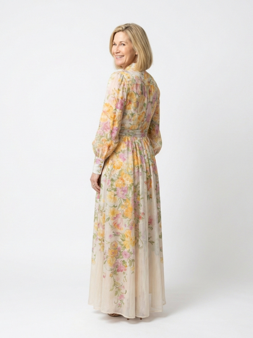 Petronella | Floral Print Sheer Long Sleeve Belted Button-Front Maxi Dress
