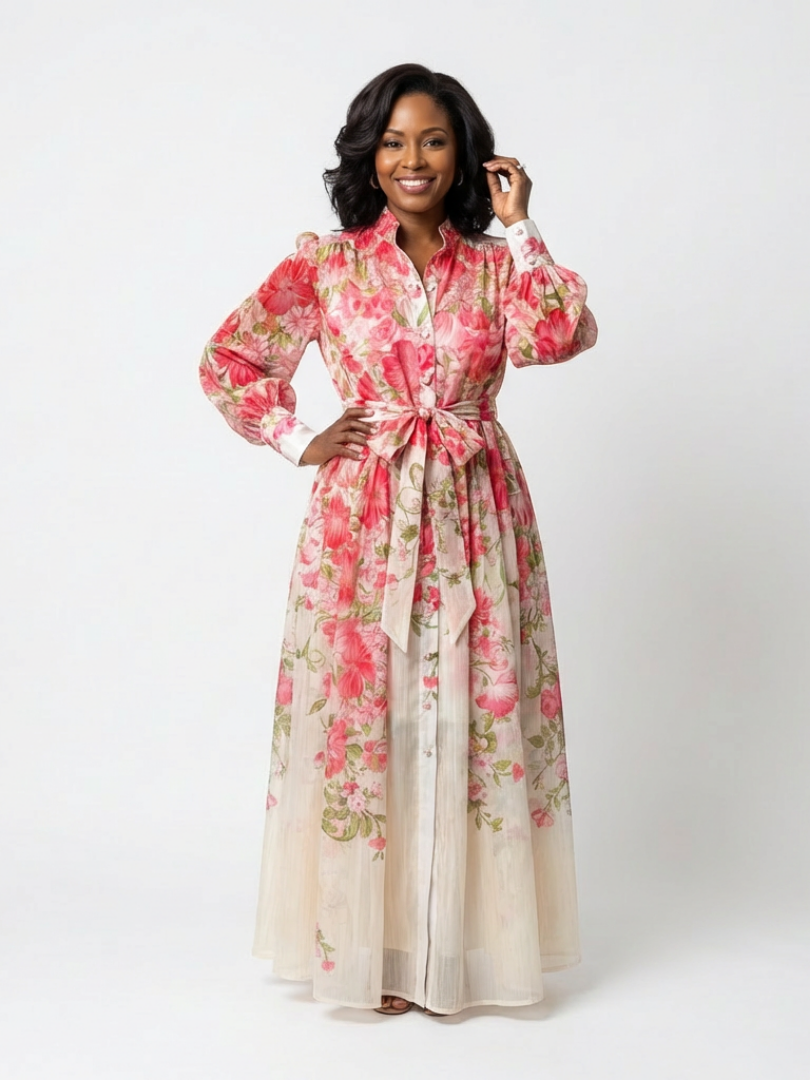 Petronella | Floral Print Sheer Long Sleeve Belted Button-Front Maxi Dress