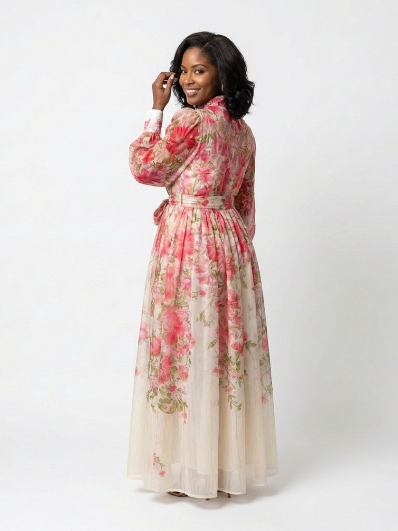Petronella | Floral Print Sheer Long Sleeve Belted Button-Front Maxi Dress