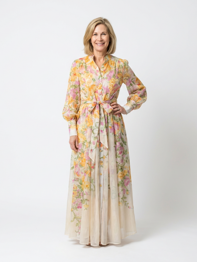 Petronella | Floral Print Sheer Long Sleeve Belted Button-Front Maxi Dress