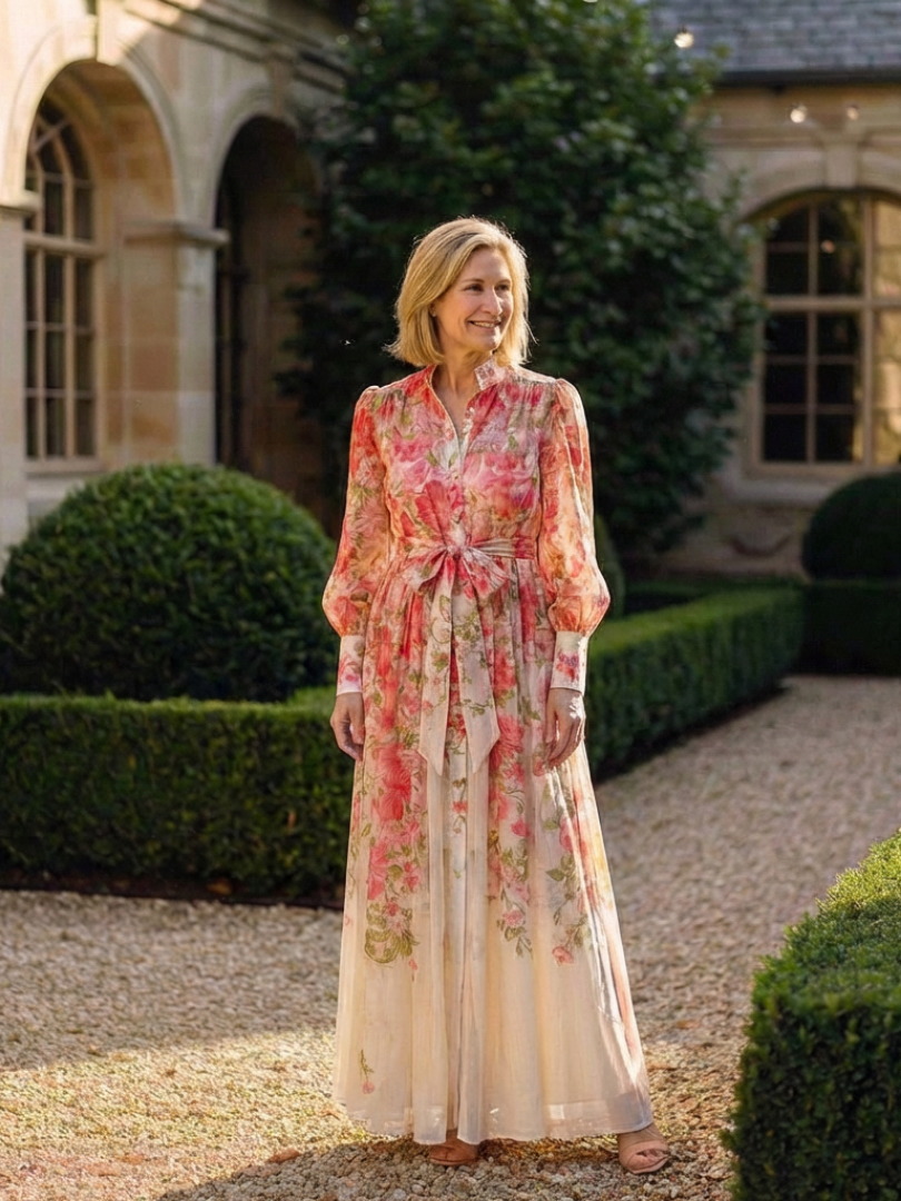 Petronella | Floral Print Sheer Long Sleeve Belted Button-Front Maxi Dress